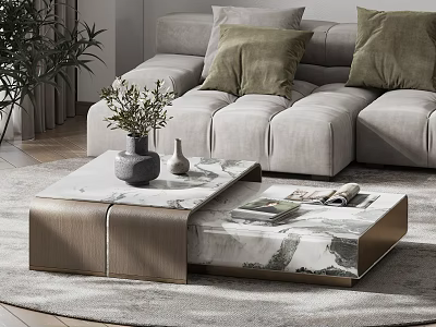 Modern Marble Top Coffee Table With Wooden Base And Decorative Vase In Living Room 3d model