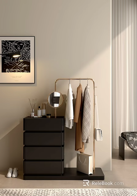 Golden Clothes Rack With Hanging Clothes And Black Drawer Cabinet In Bedroom 3d model 