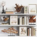 Decorative Ornaments Set With Wooden Sculptures Shell Display Framed Art And Books On Shelf