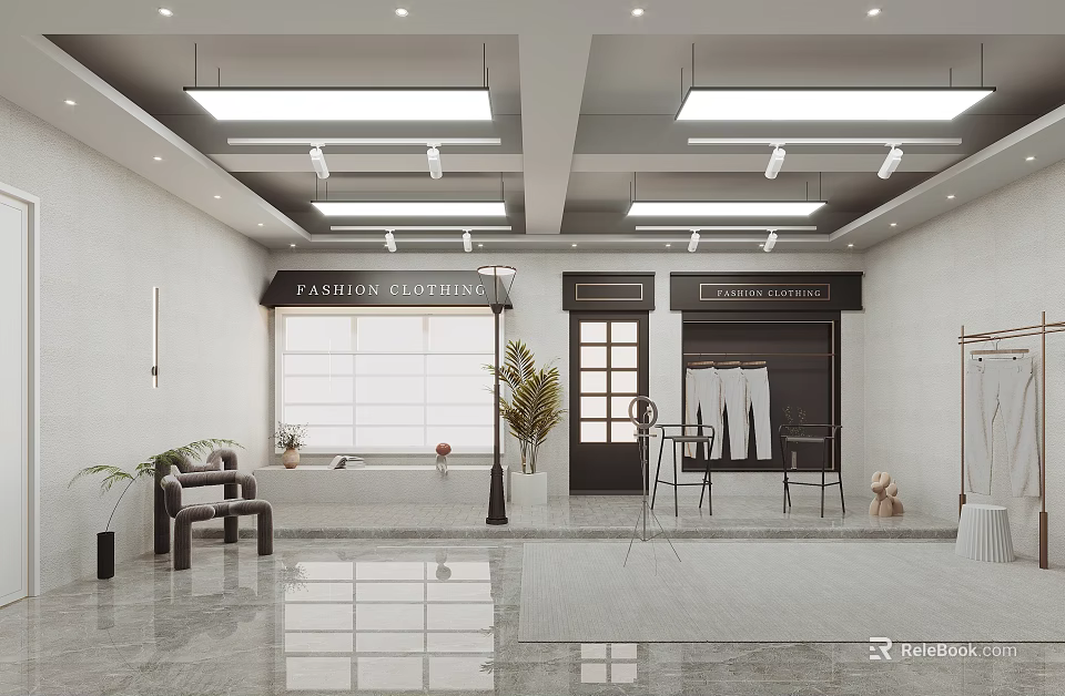Modern Clothing Store Interior With Stylish Clothing Displays Seating Plants And Lighting 3d model 