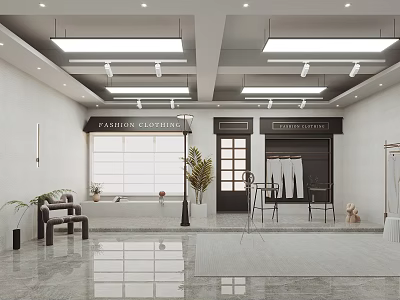 Modern Clothing Store Interior With Stylish Clothing Displays Seating Plants And Lighting 3d model