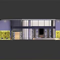 Cartoon Scene of Modern Waterfront House with Glass Windows Terrace and Reflection