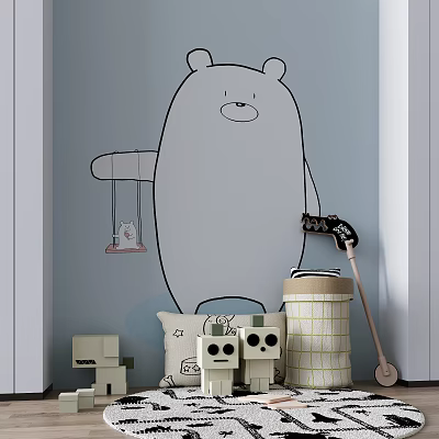 Toy Figures With Bear Mural In Kids Bedroom 3d model