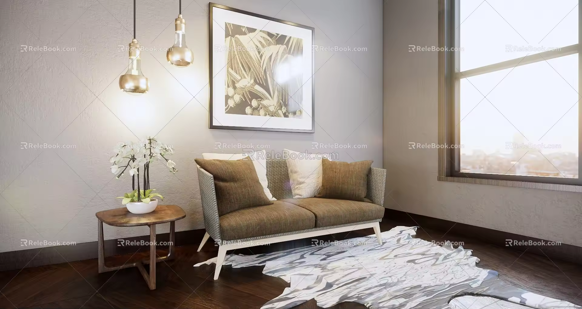 Modern double sofa leisure chair sofa side table chandelier combination 3d model