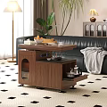 Modern Wooden Coffee Table With Storage Shelves Black Leather Sofa Geometric Rug And Potted Plant