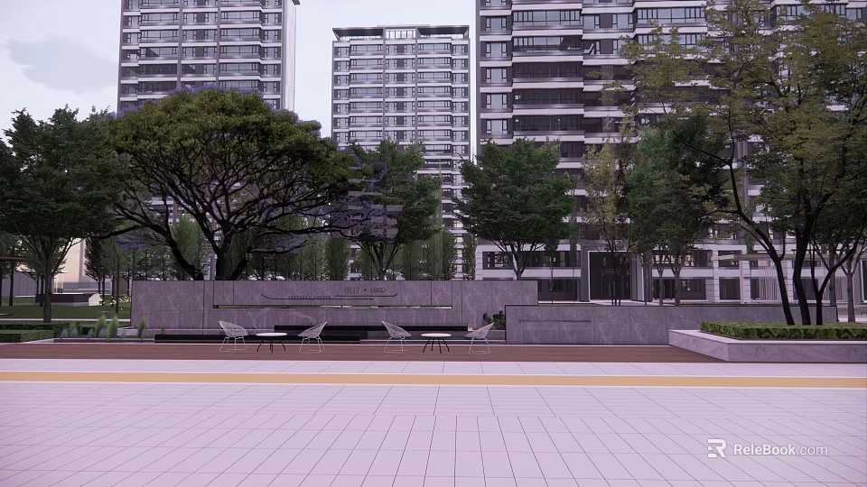 Modern Landscape Wall In Urban Park With High Rise Buildings Trees And Benches 3d model 