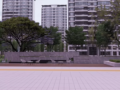 Modern Landscape Wall In Urban Park With High Rise Buildings Trees And Benches 3d model