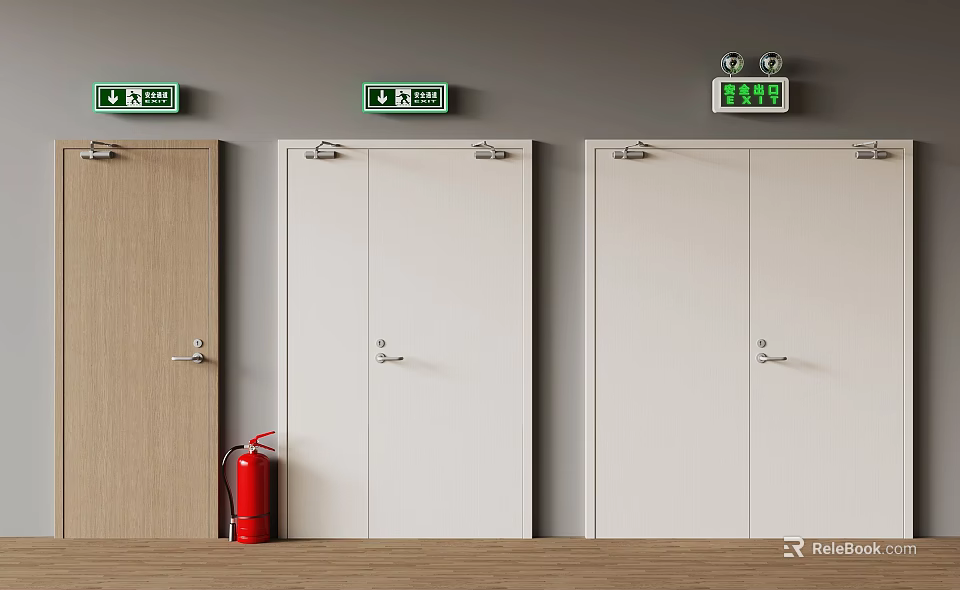 Fire Safety Equipment Featuring Red Extinguisher And Emergency Exit Signs By Doors 3d model 