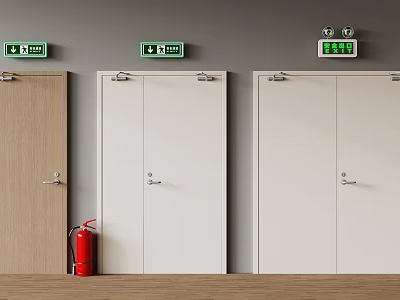 Fire Safety Equipment Featuring Red Extinguisher And Emergency Exit Signs By Doors 3d model