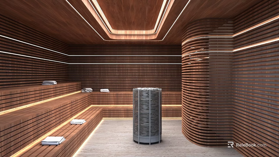 SPA Sauna Room With Wooden Walls Ceiling Lighting And Metal Stove Benches Towels 3d model 