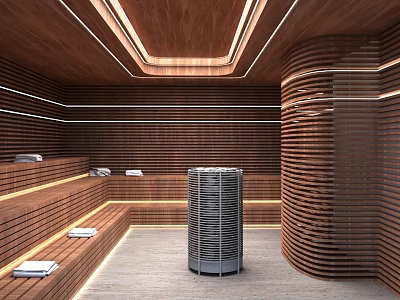 SPA Sauna Room With Wooden Walls Ceiling Lighting And Metal Stove Benches Towels 3d model