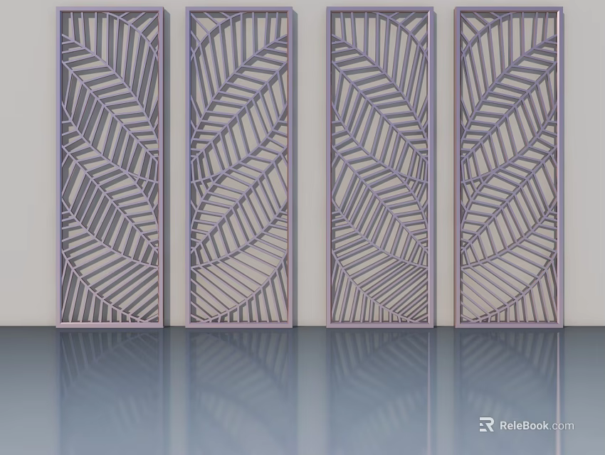 Leaf Pattern Hinged Doors with Pastel Purple Frame and Shiny Floor Reflection 3d model 
