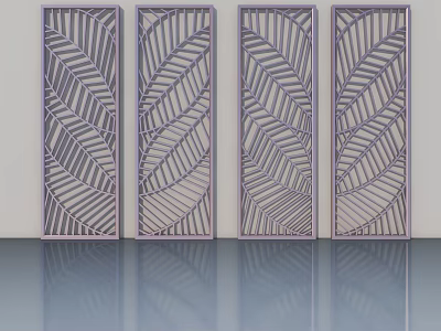 Leaf Pattern Hinged Doors with Pastel Purple Frame and Shiny Floor Reflection 3d model
