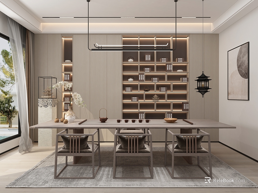 Modern Tea Room Interior With Long Table Chairs Bookshelves Tea Sets Lantern And Hanging Lights 3d model 