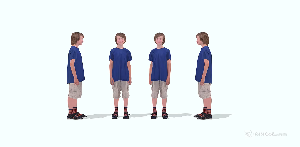 Boy In Blue T-Shirt Khaki Shorts Red Socks And Black Shoes Different Side Views 3d model 