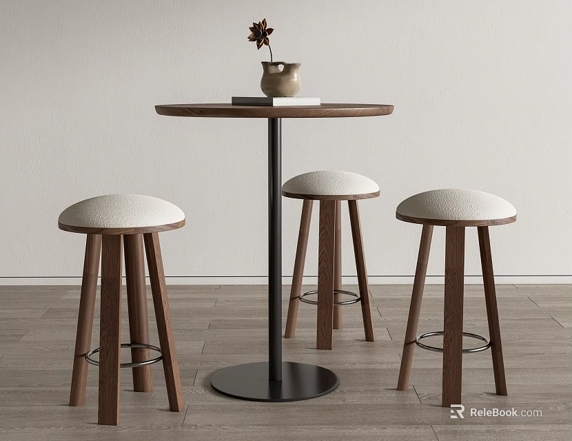Modern Bar Setup With Round Wooden Table Black Legs Three White Padded Stools Vase Book 3d model 