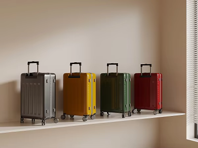Four Colorful Modern Rolling Suitcases With Trolley Handles Standing On Shelf 3d model
