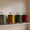 Four Colorful Modern Rolling Suitcases With Trolley Handles Standing On Shelf