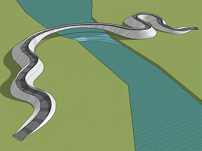 Modern Curved Landscape Bridge Spanning River Amid Green Grass And Water 3d model