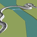 Modern Curved Landscape Bridge Spanning River Amid Green Grass And Water