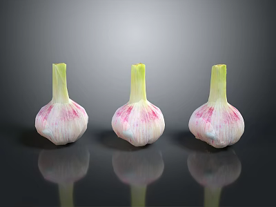 Three Fresh Garlic Bulbs With White Pink Skin And Green Stems On Black Surface 3d model