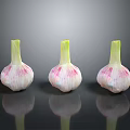 Three Fresh Garlic Bulbs With White Pink Skin And Green Stems On Black Surface