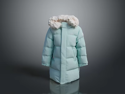 Light Blue Long Puffer Coat With Soft Fur Collar For Winter Fashion 3d model