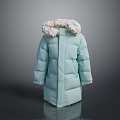 Light Blue Long Puffer Coat With Soft Fur Collar For Winter Fashion