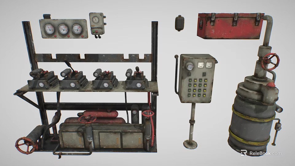 Industrial Equipment with Gauges Control Panels Valves Pipes And Metal Containers 3d model 