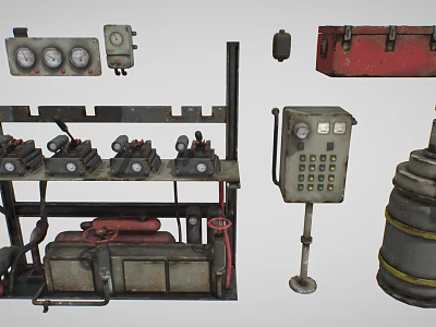 Industrial Equipment with Gauges Control Panels Valves Pipes And Metal Containers 3d model