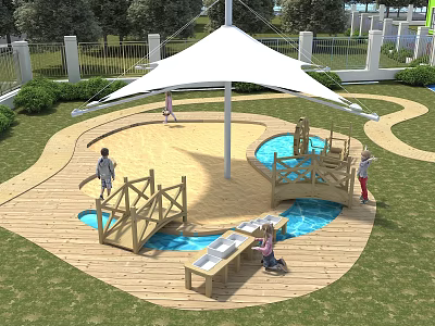 Kindergarten Outdoor Play Area With White Canopy Wooden Bridge Water Pool And Children Playing Safely 3d model