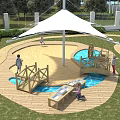 Kindergarten Outdoor Play Area With White Canopy Wooden Bridge Water Pool And Children Playing Safely