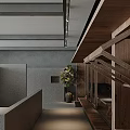 Modern Open Living Space Interior With Wooden Furniture Green Plant And Gray Columns