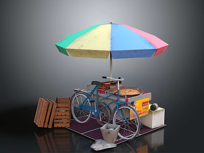 Colorful Umbrella Covered Bicycle Food Stall With Wooden Crates And Trash Bin 3d model