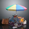Colorful Umbrella Covered Bicycle Food Stall With Wooden Crates And Trash Bin