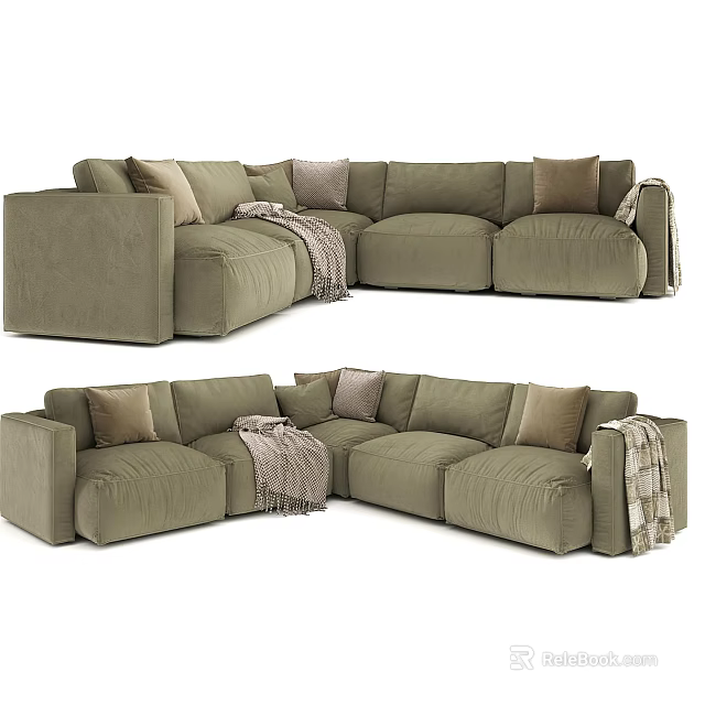 Olive Green L Shaped Sectional Sofa With Decorative Pillows And Throw Blanket 3d model 