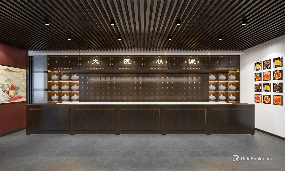Traditional Chinese Clinic Interior With Wooden Counter Herbal Drawers And Plaque 3d model 