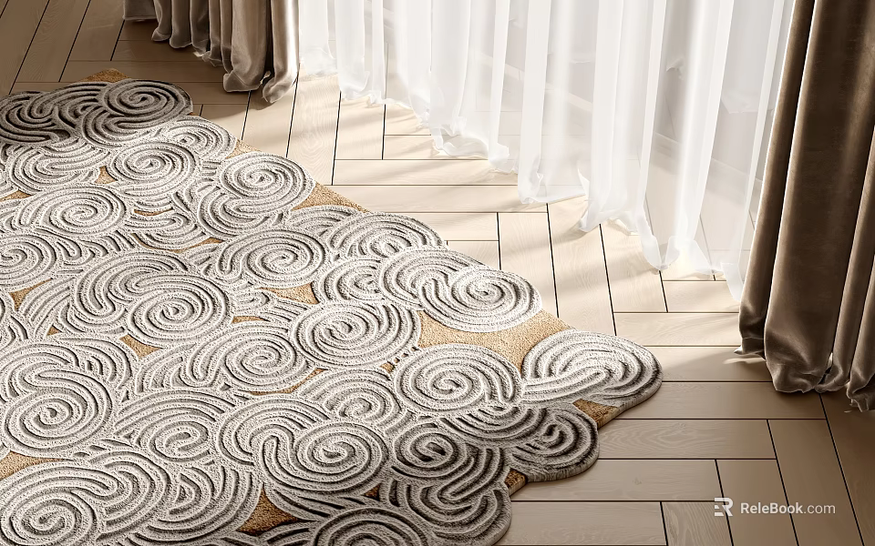 Plush Beige And White Square Rug With Spiral Pattern On Wooden Floor Near Curtains 3d model 