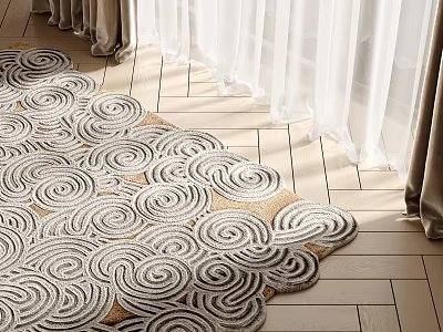 Plush Beige And White Square Rug With Spiral Pattern On Wooden Floor Near Curtains 3d model