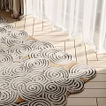 Plush Beige And White Square Rug With Spiral Pattern On Wooden Floor Near Curtains