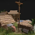 Cartoon Rural Scene With Thatched Roof Huts Wooden Cart And Green Trees