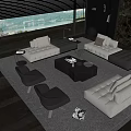 Modern Sofa And Coffee Table Set With Leather Chairs Large Windows And Area Rug