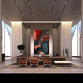 Spacious Modern Office Reception Lobby With High Ceiling Elegant Wall Art And Comfortable Lounge Spaces