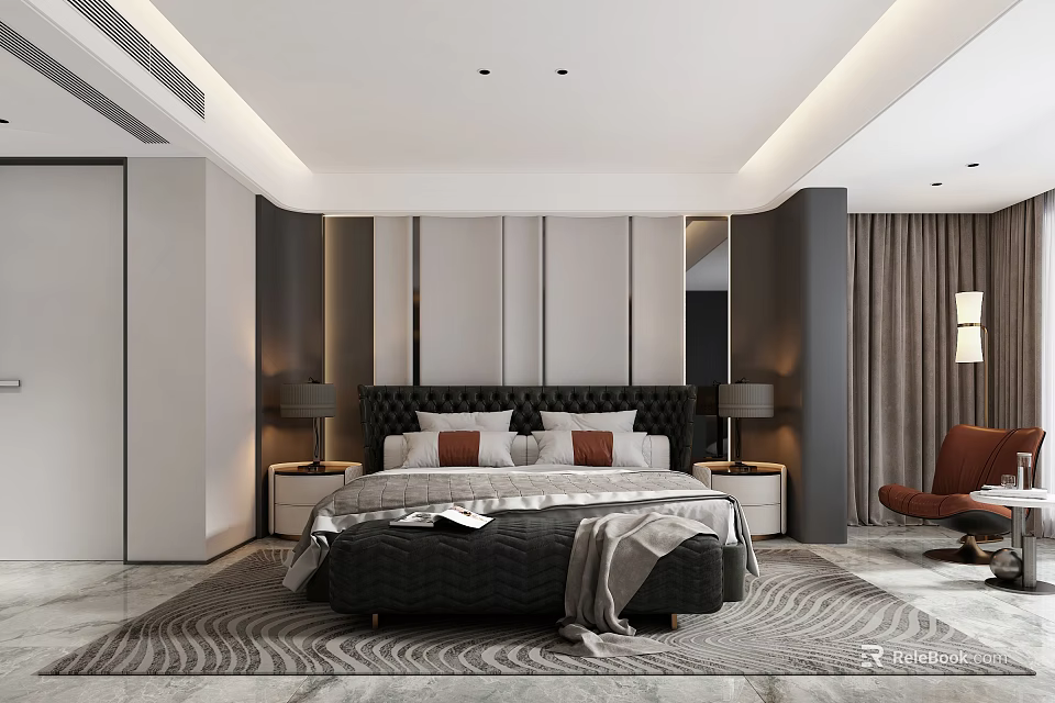 Modern Bedroom Interior Design With King Bed Nightstands Table Lamps And Accent Rug 3d model 