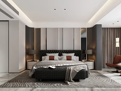Modern Bedroom Interior Design With King Bed Nightstands Table Lamps And Accent Rug 3d model
