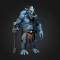 Blue Troll Mythical Creature Standing With Wooden Staff And Tattered Clothing