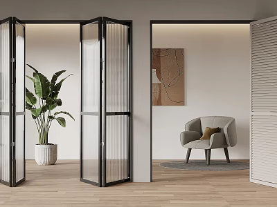 Modern Interior Featuring Black Frame Glass Folding Doors And Living Space Decor 3d model