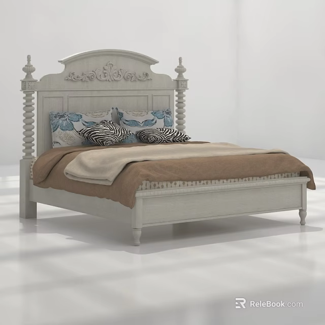 Elegant White Double Bed With Carved Headboard Decorative Pillows And Brown Blanket 3d model 