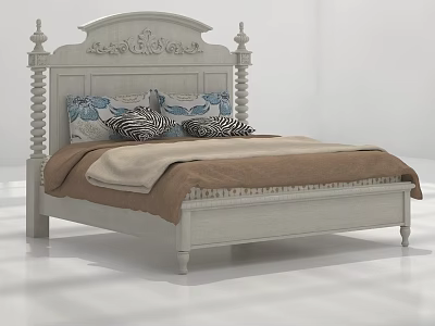 Elegant White Double Bed With Carved Headboard Decorative Pillows And Brown Blanket 3d model