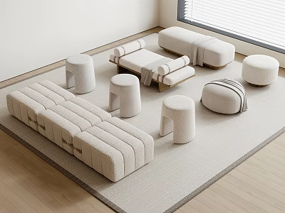 Modern White Sofa Bench with Round Stools Light Carpet Wooden Floor in Minimalist Room 3d model